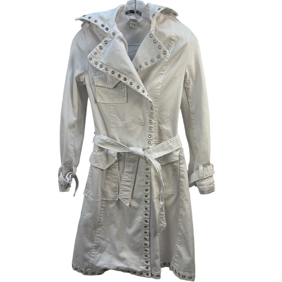 9.8 Jeans White Trench Coat Studded Belted Waist Single-Breasted Small - Picture 2 of 11